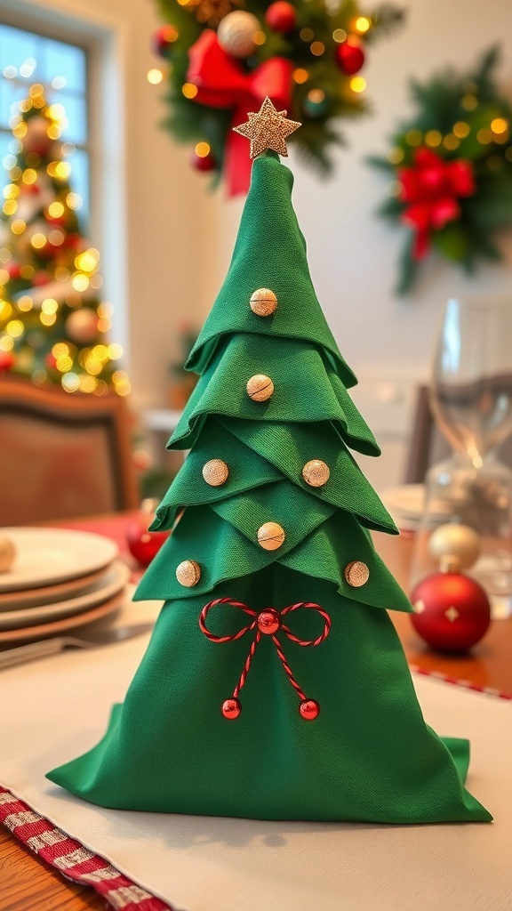Christmas Tree Napkin Fold Tutorial A green napkin folded into a Christmas tree shape, decorated with beads, on a festive holiday table.